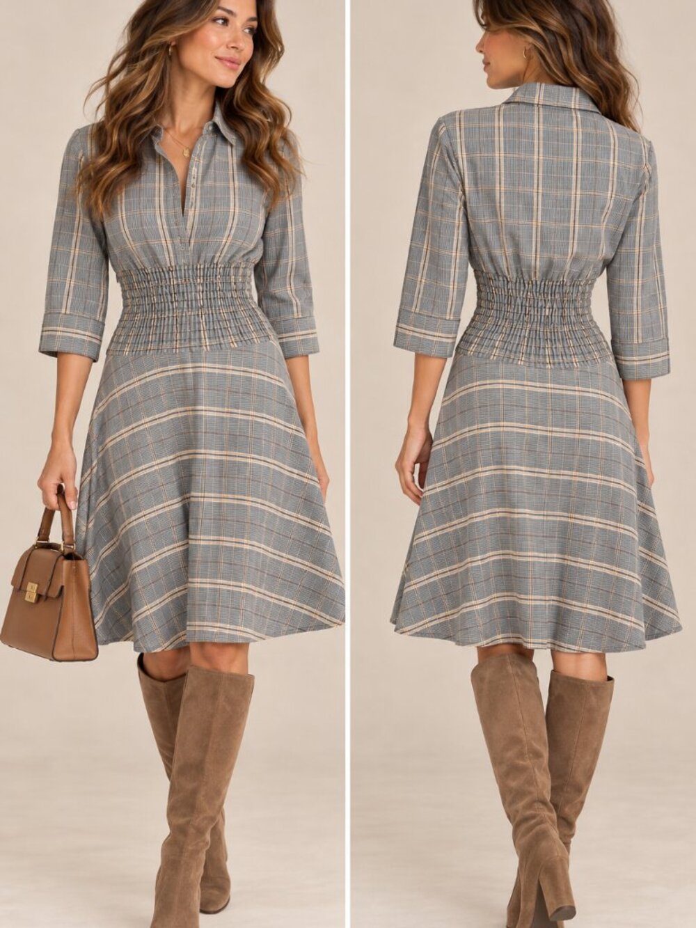Maje Resha Gray Plaid Smocked Waist Midi Shirt Dress Size 1 Small